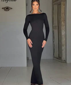 Alternative view of Hugcitar Spring Elegant Long Sleeve Backless Solid Cuched Sexy Bodycon Maxi Prom Dress Women Outfit Evening Party Festival Y2K