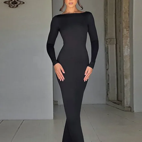 Alternative view of Hugcitar Spring Elegant Long Sleeve Backless Solid Cuched Sexy Bodycon Maxi Prom Dress Women Outfit Evening Party Festival Y2K