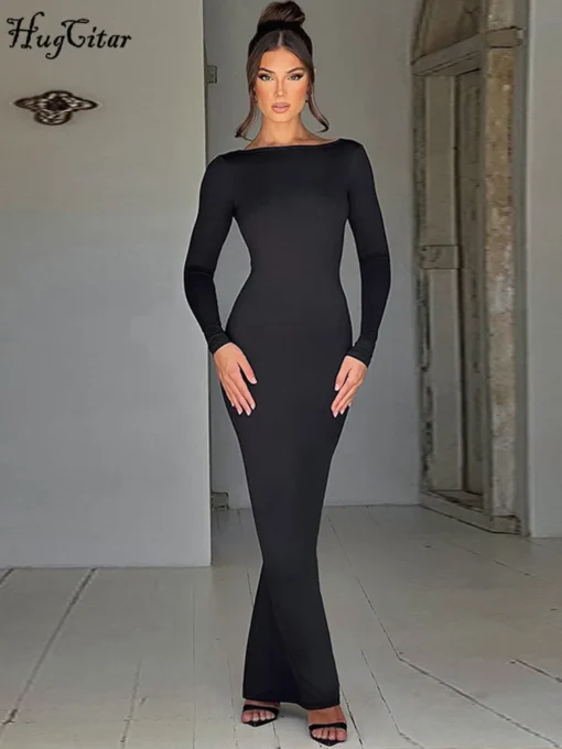 Bodycon Maxi Dress with Long Sleeves and Backless Design for Women at Evening Parties - Image 2