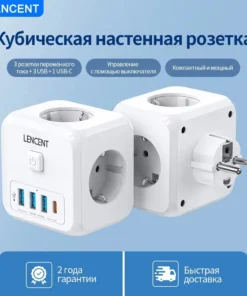 LENCENT EU Plug Power Strip with 3 AC Outlets +3 USB Charging Ports+ 1 Type C 5V 2.4A Adapter 7-in-1 Plug Socket On/Off Switch