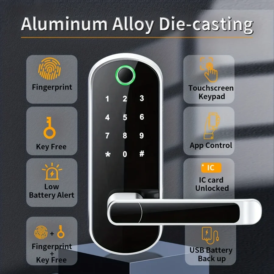 Smart Fingerprint Door Lock – Keyless With App Control, Touchscreen, NFC, and Waterproof Design - Image 4