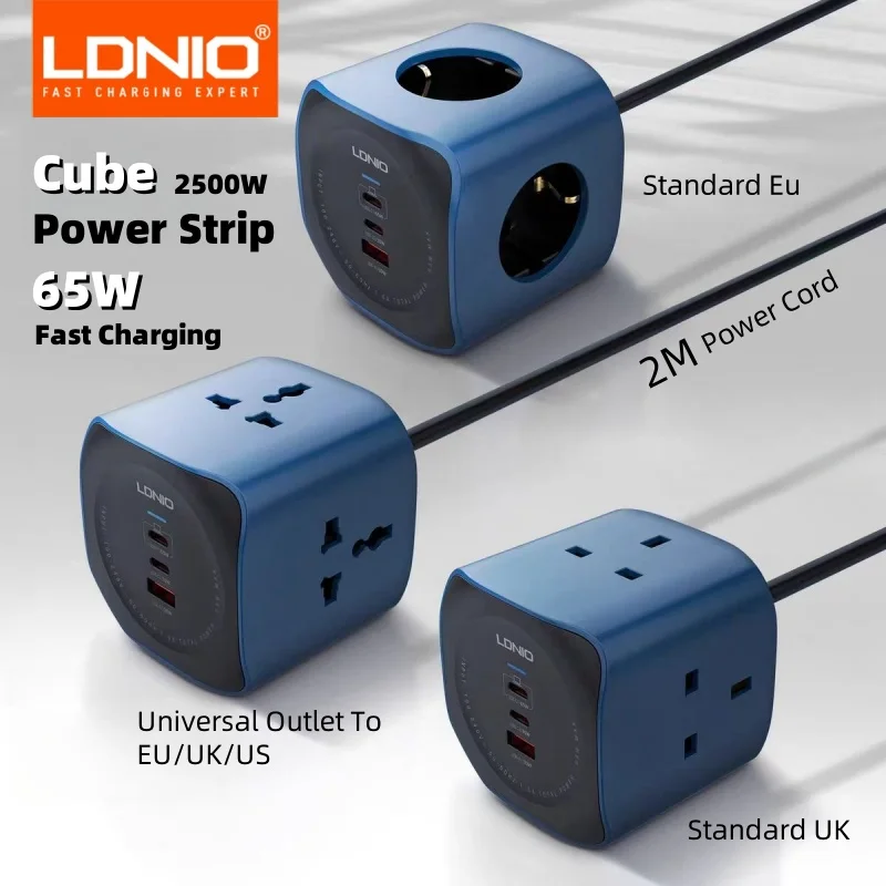 LDNIO Cube Power Strip 65W Surge Protector with 2M Extension Cord for Multiple Plug Types
