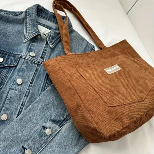Alternative view of Large Capacity Shoulder Bag Trendy Corduroy Tote Bag Solid Color Ladies Handbag With Front Pocket