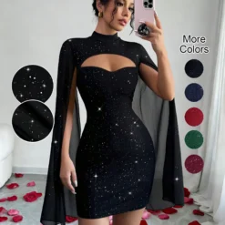 Sequin Mini Dress with Stand Collar and Cape Style for Women, Elegant Party Outfit for Autumn Winter