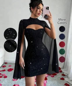 Sexy Women's Stand Collar Cape Mini Dress Sequins Sparkling Club Party Night Out Fitted Bodycon Elegant Autumn Winter