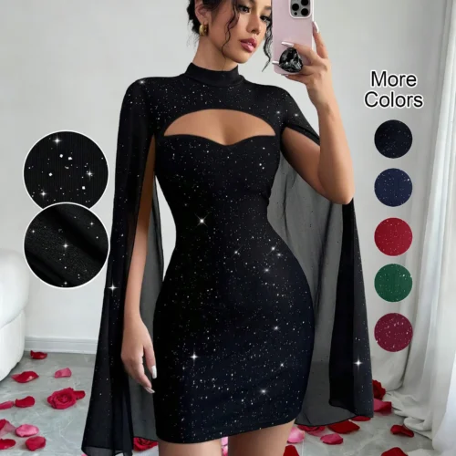 Sexy Women's Stand Collar Cape Mini Dress Sequins Sparkling Club Party Night Out Fitted Bodycon Elegant Autumn Winter