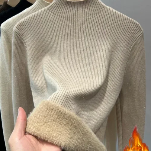 Turtleneck Winter Sweater Women Elegant Thicken Velvet Lined Warm Sueter Knitted Pullover Slim Tops Jersey Knitwear Jumper New