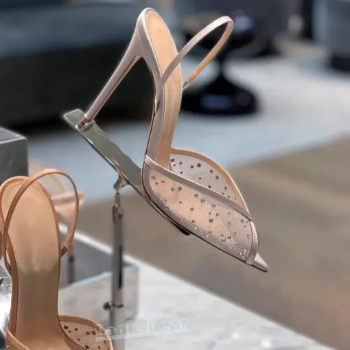 Rhinestone Lace High Heels Sandals with Pointed Toe and Ankle Strap for Women - Image 5