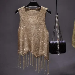 Sequined Knitted Tank Tops with Tassels for Women in Shiny Gold and Silver
