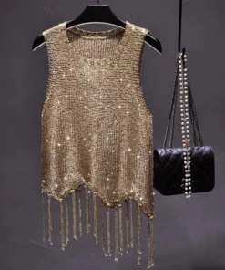 Sexy Shiny Gold Silver Knitted Tank Tops Women Bling Bling Sequined Tassels Knitted Vest Clothes