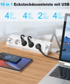 Alternative view of Eu Multi-plug power strip with desktop clamping device pull ring plug 4 USB-A and 2 USB-C ports single-control switch 2 m cable
