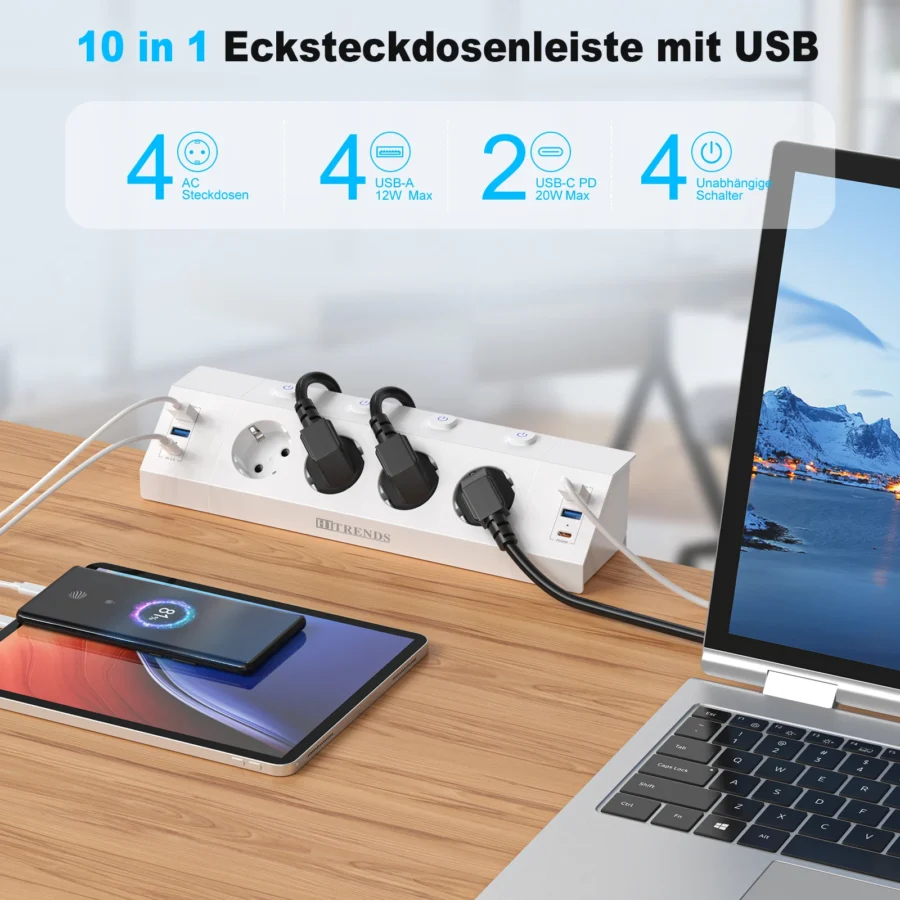 Eu Multi-plug power strip with desktop clamping device pull ring plug 4 USB-A and 2 USB-C ports single-control switch 2 m cable - Image 2