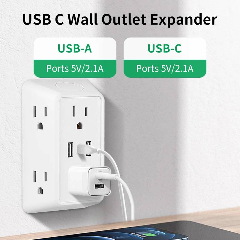 9-in-1 power strip with 2 USB sockets, 1 Type-C socket, and 6 AC sockets. Multi-socket wall plug (power expander), small size, - Image 4