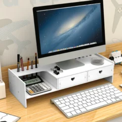 Alternative view of Desktop Monitor Stand with Drawer Storage and Elevated Base for Office Organization