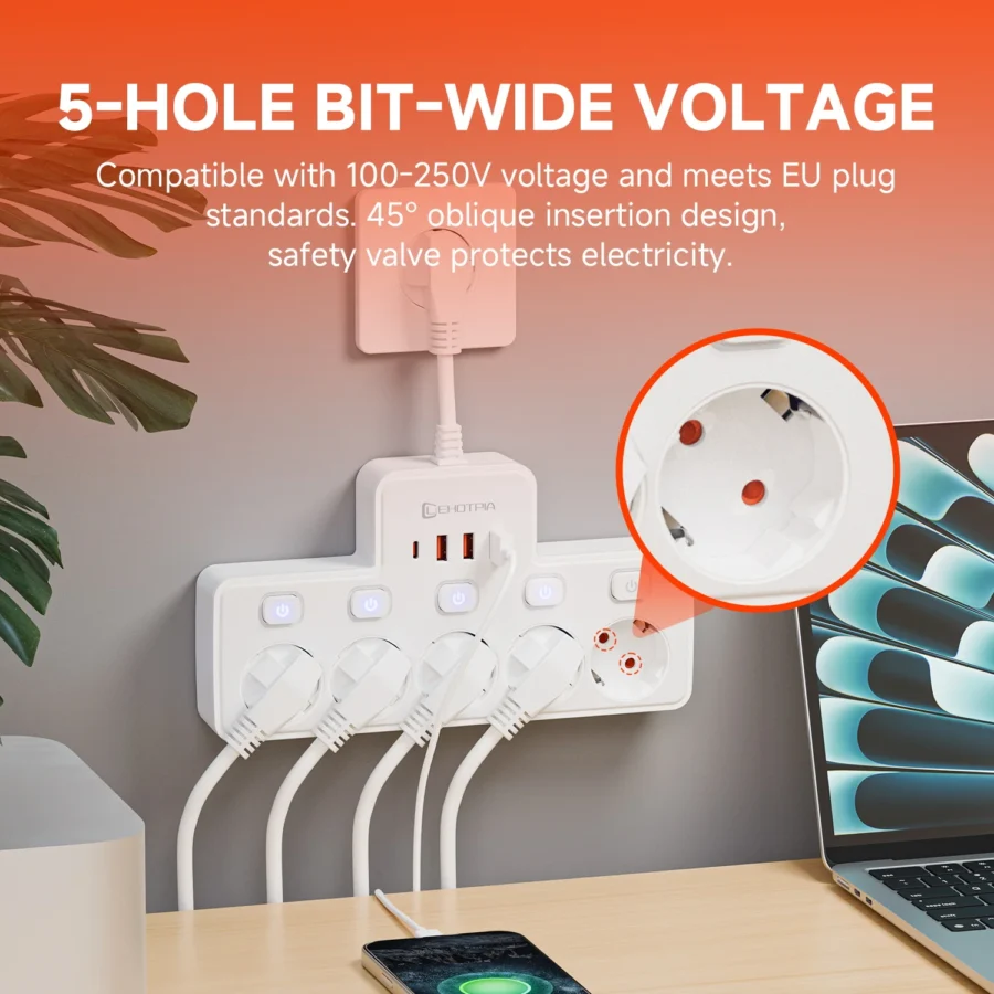 2500W EU AC Plug Power Strip Independent Switch Wall Mounted European Standard Plug Socket Network Filter With USB C Charging - Image 4