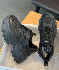 Women's Black Chunky Platform Sneakers - Summer Casual Mesh and Leather