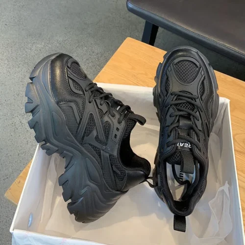 Women's Black Chunky Platform Sneakers - Summer Casual Mesh and Leather