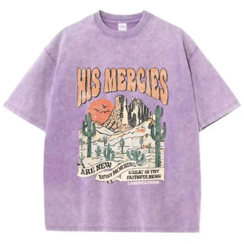 Women'S Cotton Washed T-Shirts His Mercies Are New Every Morning Printing Short Sleeve Loose O-Neck Vintage Tops Female Clothes