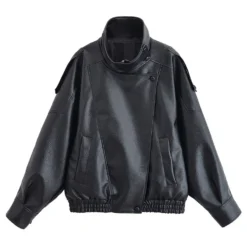 Alternative view of Faux Leather Jacket with Zipper Closure - Casual Long Sleeve Style for Women