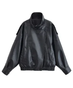 Alternative view of HH Women's Autumn Faux Leather Jacket - Casual Long Sleeve Zipper Coat