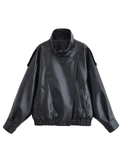 Faux Leather Jacket with Zipper Closure - Casual Long Sleeve Style for Women - Image 2