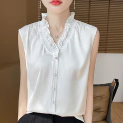 Mulberry Silk V-neck Vest with Solid Color Design for Women’s Summer Office Wear