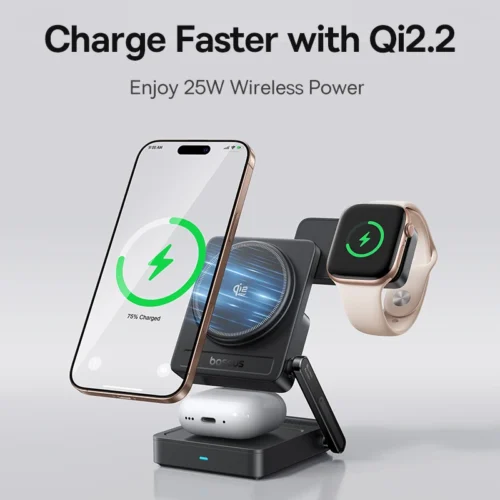 Alternative view of Baseus 3 in 1 Magnetic Wireless Charger Qi2.2 25W Fast Charging For iPhone 17 16 15 14 Apple Watch Earbuds AirPods Pro iWatch