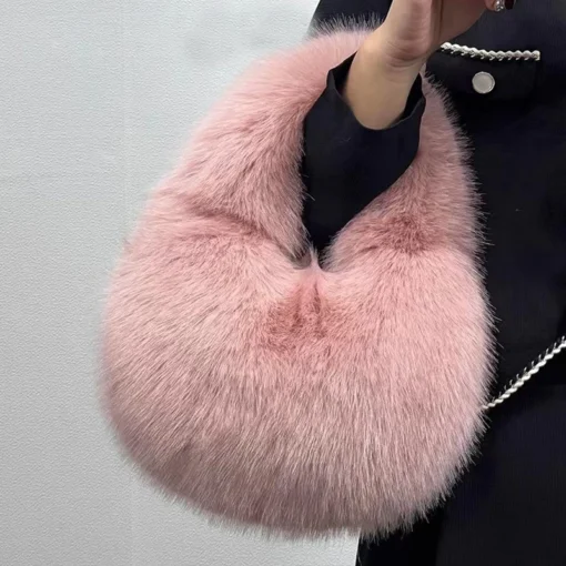 Half Moon Bags for Women with Fluffy Faux Fur and Luxury Small Tote Design - Image 2