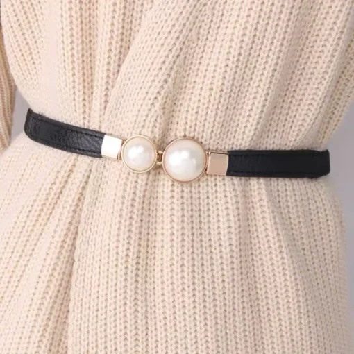 Elastic Women’s Belt with Elegant Double Pearls Buckle for Dresses and Skirts Decor - Image 4