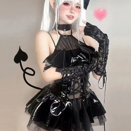 Alternative view of AltGoth Women's Gothic Bats Dress - Sexy PU Cosplay, Harajuku Style, Grunge Streetwear