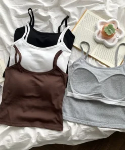 Alternative view of Women's Solid Color Spaghetti Straps Sleeveless Slim Camisole with Chest Pad Cotton Summer Wear Outside Female Short Tops Vests