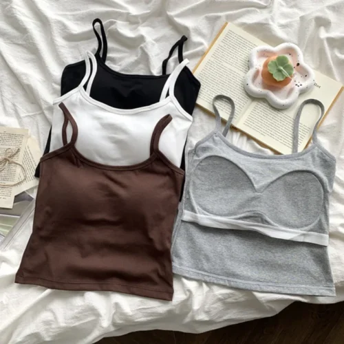 Alternative view of Women's Solid Color Spaghetti Straps Sleeveless Slim Camisole with Chest Pad Cotton Summer Wear Outside Female Short Tops Vests
