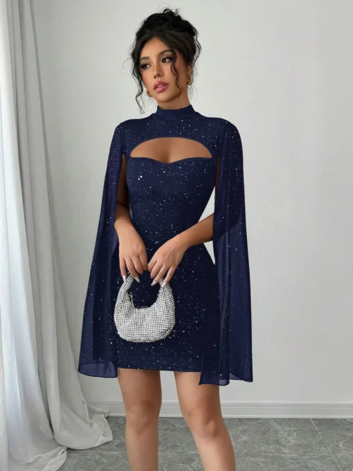 Sequin Mini Dress with Stand Collar and Cape Style for Women, Elegant Party Outfit for Autumn Winter - Image 3