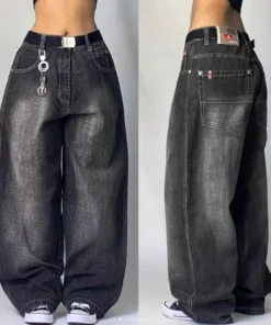 Harajuku Retro High Waist Baggy Jeans for Women - Washed Blue with Pockets