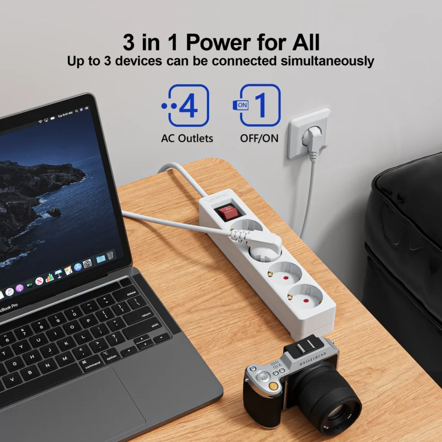 4 Outlet EU Surge Protector Power Strip 1.5m Extension Cord AC Plug Socket Adapter 4 Socket Adapter with Overload Protection - Image 2