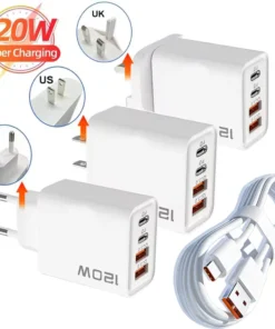 120W 4 Port USB C Charger PD3.0 Fast Charging Station Data Cable Wall Adapter For iPhone Samsung Xiaomi Redmi Huawei EU US Plug