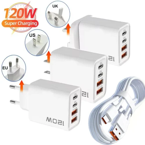 120W 4 Port USB C Charger PD3.0 Fast Charging Station Data Cable Wall Adapter For iPhone Samsung Xiaomi Redmi Huawei EU US Plug