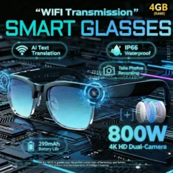 AI Smart Glasses with 4K 8MP HD Camera and 1080P Video for Men and Women with Bluetooth and Translation Features