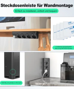 Alternative view of European desktop multi-contact power strip, 2 USB-A and 2 Type-C corner power sockets, 2M extension cord, home office kitchen