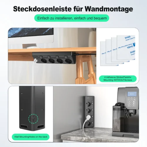 Alternative view of European desktop multi-contact power strip, 2 USB-A and 2 Type-C corner power sockets, 2M extension cord, home office kitchen