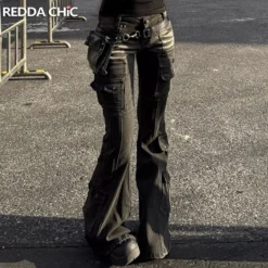 Black Low Waist Cargo Jeans with Distressed Bootcut Design for Women featuring Multi-Pockets