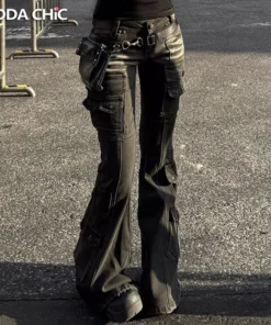 REDDACHiC Black Low Waist Cargo Jeans for Women - Distressed Bootcut Pants with Multi-Pockets