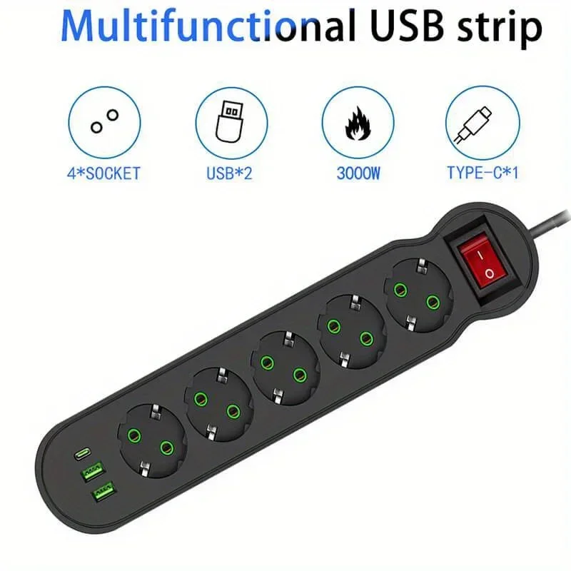EU Plug Power Strip 2/3/4/5 Outlet Multitap Extension 10A with 2 USB 1 Type-C Ports 2m Cord Electrical Socket 2500W - Image 5