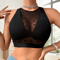 Ribbed Camisole with Heart Mesh Decor for Women