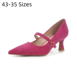 Pointy Tip Heeled Pumps with Buckle Strap in Gorgeous Rose Red for Women, Size 43