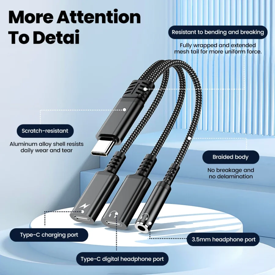 3 in 1 PD 60W Fast Charge Adapter For Iphone16 15 Samsung Type C to Dual Type C/3.5mm Jack Audio Adapter Cable Headphone Adapter - Image 4