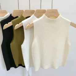 Alternative view of Knitted Vest Tank Top with Half-Turtleneck for Women - Solid Color Cropped Camisole Sweater