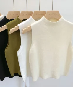 Alternative view of Women's Vest Tank Top Solid Color Knitted Tees Cropped Camisole Sweater Half-turtleneck Spring Autumn Sleeveless топ женский