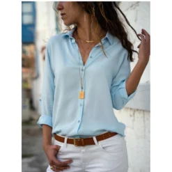 Women's Vintage Polo Collar Blouse with Button-Up Design in Loose Fit