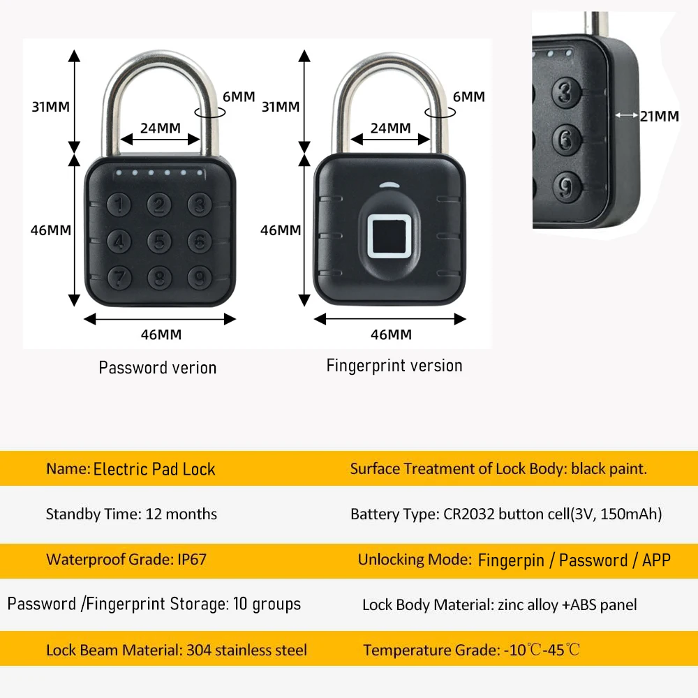 Tuya Bluetooth Fingerprint Padlock - Digital Luggage Lock with APP Control and IP67 Rating - Image 6